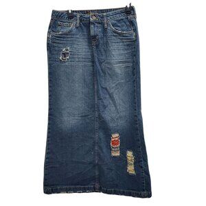 Hippie Junior's‎ Y2K Distressed Country Patch Boho Long Denim Maxi Skirt 7/28